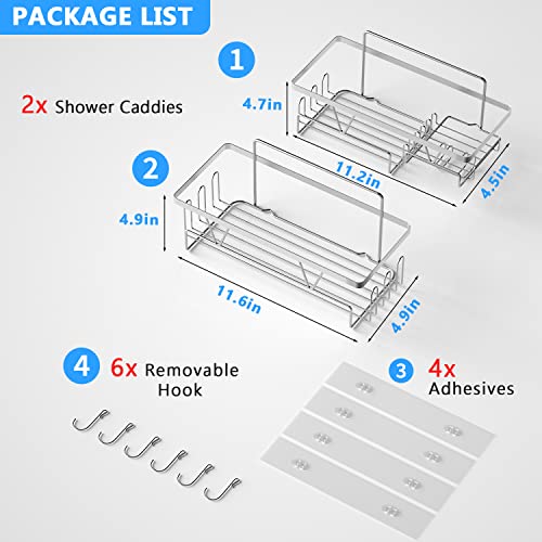 GARDIGER Shower Caddy Organizer, 2 Pack Stainless Steel Shower Shelf with 6 Hooks, No Drilling Adhesive Hanging Shower Storage Basket for Bathroom Kitchen (Silver)