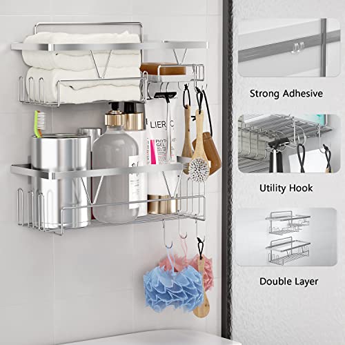 GARDIGER Shower Caddy Organizer, 2 Pack Stainless Steel Shower Shelf with 6 Hooks, No Drilling Adhesive Hanging Shower Storage Basket for Bathroom Kitchen (Silver)