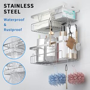 GARDIGER Shower Caddy Organizer, 2 Pack Stainless Steel Shower Shelf with 6 Hooks, No Drilling Adhesive Hanging Shower Storage Basket for Bathroom Kitchen (Silver)