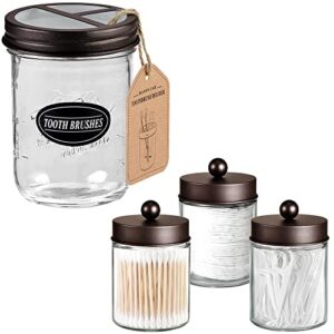 3 pack apothecary jar canisters bathroom vanity organizer for qtips,cotton swabs+mason jar toothbrush holder with 16 ounce ball mason jar - rustic farmhouse decor black bathroom accessories - bronze