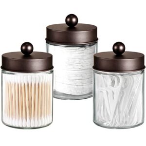 3 Pack Apothecary Jar Canisters Bathroom Vanity Organizer for Qtips,Cotton Swabs+Mason Jar Toothbrush Holder with 16 Ounce Ball Mason Jar - Rustic Farmhouse Decor Black Bathroom Accessories - Bronze