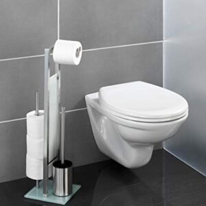 Wenko Rivalta Free Standing 3 Piece Bathroom Accessory, Brush Tissue Roll Holder, Paper Dispenser, Toilet Set, Chrome Matt, 27.55 x 7.08 x 7.87 inc, 18 x 19 x 69 cm