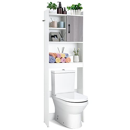 Giantex Over-The-Toilet Space-Saving Storage Cabinet - 4-Tier Freestanding Bathroom Organizer with Open Shelves & Door, Toilet Storage Rack for Bathroom, Laundry, Balcony, White