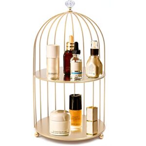 gdrasuya10 metal makeup organizer birdcage cosmetic storage rack makeup shelf 2 tier bird cage perfume dessert cupcake rack bathroom storage rack golden
