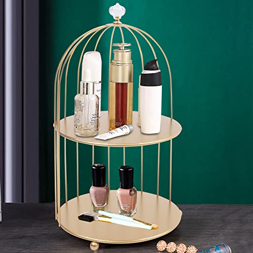 Gdrasuya10 Metal Makeup Organizer Birdcage Cosmetic Storage Rack Makeup Shelf 2 Tier Bird Cage Perfume Dessert Cupcake Rack Bathroom Storage Rack Golden