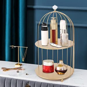 Gdrasuya10 Metal Makeup Organizer Birdcage Cosmetic Storage Rack Makeup Shelf 2 Tier Bird Cage Perfume Dessert Cupcake Rack Bathroom Storage Rack Golden