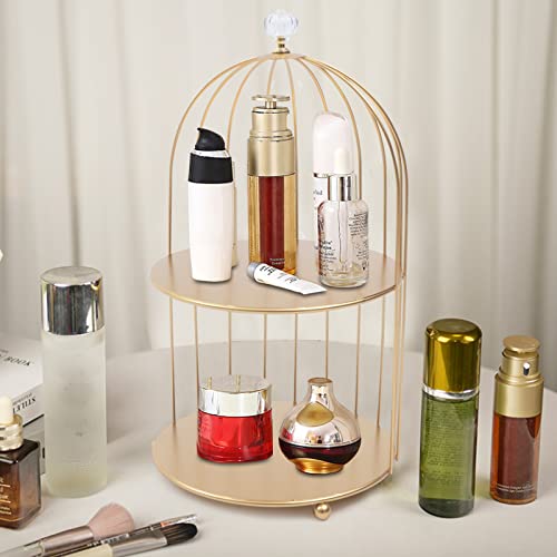 Gdrasuya10 Metal Makeup Organizer Birdcage Cosmetic Storage Rack Makeup Shelf 2 Tier Bird Cage Perfume Dessert Cupcake Rack Bathroom Storage Rack Golden