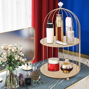 Gdrasuya10 Metal Makeup Organizer Birdcage Cosmetic Storage Rack Makeup Shelf 2 Tier Bird Cage Perfume Dessert Cupcake Rack Bathroom Storage Rack Golden