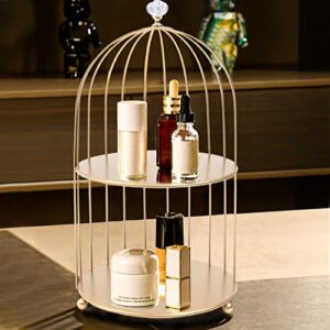 Gdrasuya10 Metal Makeup Organizer Birdcage Cosmetic Storage Rack Makeup Shelf 2 Tier Bird Cage Perfume Dessert Cupcake Rack Bathroom Storage Rack Golden