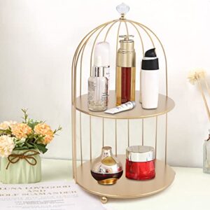 Gdrasuya10 Metal Makeup Organizer Birdcage Cosmetic Storage Rack Makeup Shelf 2 Tier Bird Cage Perfume Dessert Cupcake Rack Bathroom Storage Rack Golden