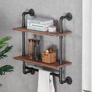 rzgy industrial pipe shel with towel bar, 2 tier 23.6" towel racks for bathroom, rustic farmhouse pipe industrial wall shelves bathroom shelves over toilet for storage