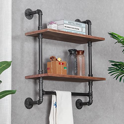 RZGY Industrial Pipe Shel with Towel Bar, 2 Tier 23.6" Towel Racks for Bathroom, Rustic Farmhouse Pipe Industrial Wall Shelves Bathroom Shelves Over Toilet for Storage