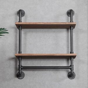 RZGY Industrial Pipe Shel with Towel Bar, 2 Tier 23.6" Towel Racks for Bathroom, Rustic Farmhouse Pipe Industrial Wall Shelves Bathroom Shelves Over Toilet for Storage