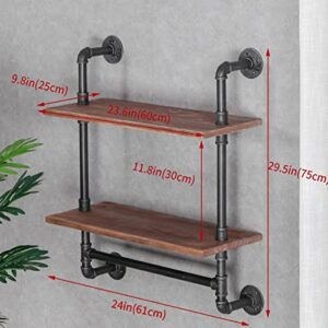 RZGY Industrial Pipe Shel with Towel Bar, 2 Tier 23.6" Towel Racks for Bathroom, Rustic Farmhouse Pipe Industrial Wall Shelves Bathroom Shelves Over Toilet for Storage