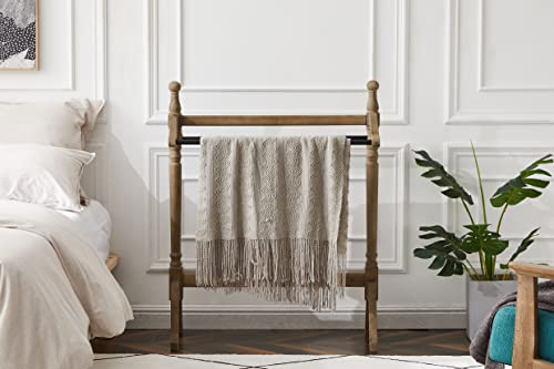 eodme 2 Ties Freestanding Towel Rack, Farmhouse Wood Blanket Rack Stand, Rustic Drying and Display Rack for Bathroom, Living Room