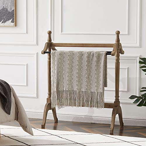 eodme 2 Ties Freestanding Towel Rack, Farmhouse Wood Blanket Rack Stand, Rustic Drying and Display Rack for Bathroom, Living Room