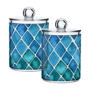 fustylead 2 pack blue-green squares qtip holder dispensers, bathroom storage canister plastic apothecary jar set for cotton swabs, ball, pads, floss