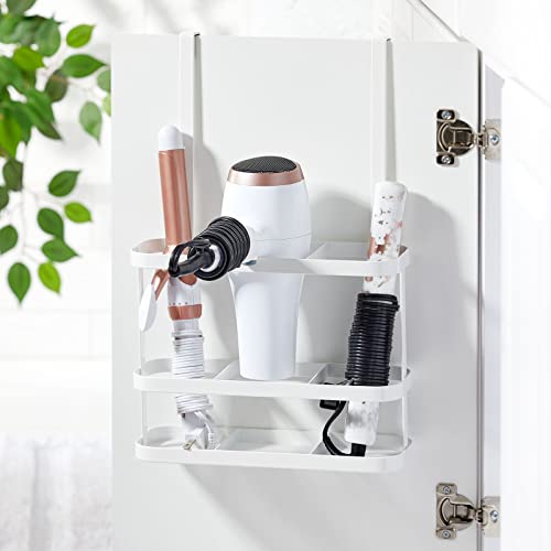 mDesign Steel Bathroom Over Cabinet Door Hair Tool Storage Organizer Accessory Basket Tray, Hang Holder for Hair Dryer, Straightener, Curling Iron, Styling Products, Carson Collection, White