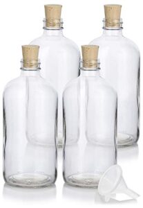 juvitus 16 oz clear glass boston round bottle with cork stopper closure (4 pack) + funnel