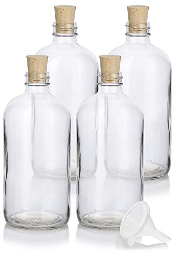 JUVITUS 16 oz Clear Glass Boston Round Bottle with Cork Stopper Closure (4 Pack) + Funnel