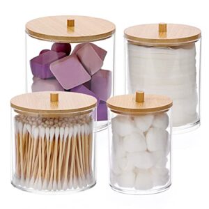 Hipiwe 4 Pack Acrylic Qtip Holder Dispenser with Lid Clear Plastic Apothecary Jar Set Large Bathroom Canister Storage Organizer for Cotton Swab and Ball, Cotton Round Pads, Floss (30+18+16+8 Oz)