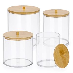 hipiwe 4 pack acrylic qtip holder dispenser with lid clear plastic apothecary jar set large bathroom canister storage organizer for cotton swab and ball, cotton round pads, floss (30+18+16+8 oz)