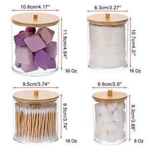 Hipiwe 4 Pack Acrylic Qtip Holder Dispenser with Lid Clear Plastic Apothecary Jar Set Large Bathroom Canister Storage Organizer for Cotton Swab and Ball, Cotton Round Pads, Floss (30+18+16+8 Oz)