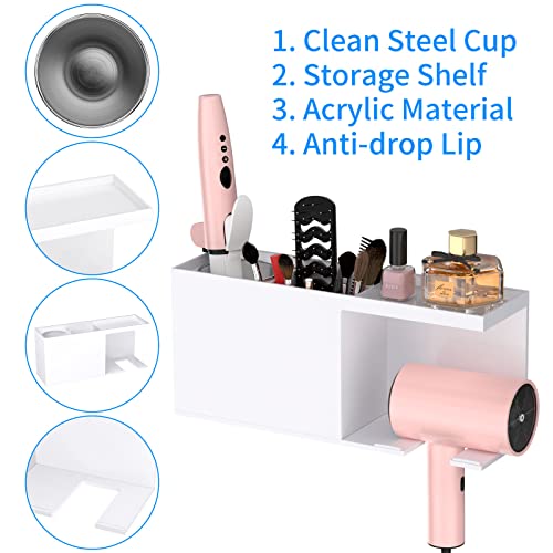 NIUBEE Hair Dryer Holder, White Acrylic Wall Mount Hair Tool Organizer and Styling Tools Holder, Bathroom Blow Curling Iron Storage Organizatin for Vanity、Makeup、Toiletries