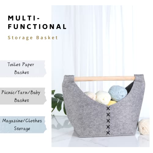 Toilet Paper Holder Storage Basket with Wooden Handle for Bathroom, Table Free Standing Basket for Yarn Storage, Organizing Magazines, Towels, Blankets, Toys