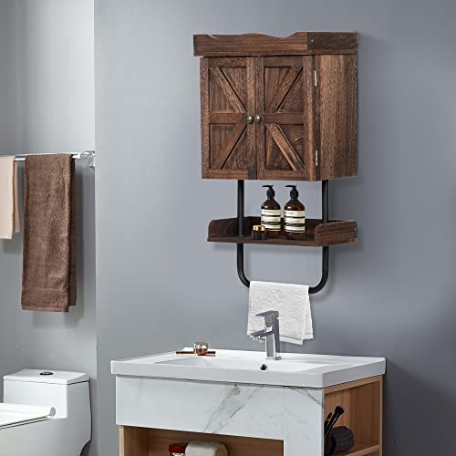 Sardoxx Bathroom Hanging Wall Cabinet, Rustic Wall Mounted Medicine Cabinet Large Capacity with 2 Barn Door, Towel Bar, Saving Space for Bathroom, Kitchen, Living Room, 29"x 16", Burning Wood Color