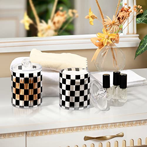 Plaaee Black White Buffalo Check Plaid 2 Pack Qtip Holder Dispenser for Cotton Ball Swab Round Pads Floss 10 oz Clear Plastic Apothecary Jar Set for Bathroom Canister Storage Organization Vanity Makeu