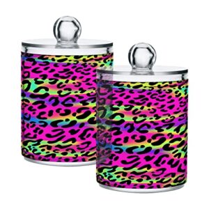 alaza rainbow leopard print 4 pack qtip holder dispenser with lid 14 oz clear plastic apothecary jar containers jars bathroom for cotton swab, ball, pads, floss, vanity makeup organizer