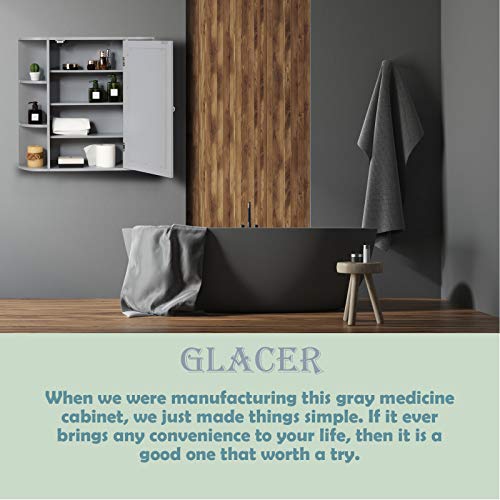 GLACER Bathroom Mirror Cabinet, Modern Wall Cabinet with Mirror, Medicine Cabinet with Mirror, Ideal for Bathroom, Dressing Room or Living Room, 26 x 6.5 x 25 inches (Grey)