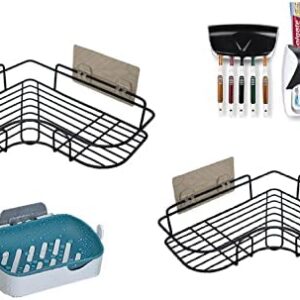 LAMEF 2 Packs Shower Corner Shelf with Soap Holder, Bathroom Shower Organizer with Toothpaste Dispenser and Toothbrush Set Holder, Shower Corner Caddy with Adhesive Hooks for Bathroom Storage