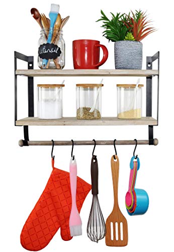 Spiretro Floating Shelves 2 Tier Wall Shelf, Spice Rack with Towel Tissue Bar, Metal Hooks Organize Mugs Utensils, Home Storage for Kitchen, Bathroom, Rustic Wood_Grey