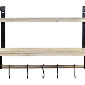 Spiretro Floating Shelves 2 Tier Wall Shelf, Spice Rack with Towel Tissue Bar, Metal Hooks Organize Mugs Utensils, Home Storage for Kitchen, Bathroom, Rustic Wood_Grey