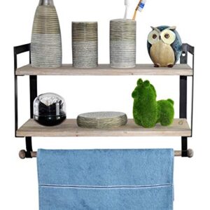 Spiretro Floating Shelves 2 Tier Wall Shelf, Spice Rack with Towel Tissue Bar, Metal Hooks Organize Mugs Utensils, Home Storage for Kitchen, Bathroom, Rustic Wood_Grey