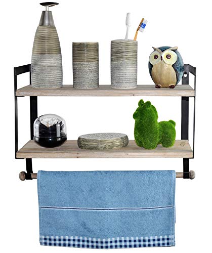 Spiretro Floating Shelves 2 Tier Wall Shelf, Spice Rack with Towel Tissue Bar, Metal Hooks Organize Mugs Utensils, Home Storage for Kitchen, Bathroom, Rustic Wood_Grey