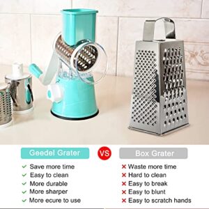 3rd Generation Rotary Cheese Grater, Mandoline Vegetable Slicer with 3 Replacement Blades, Easy to Clean Rotary Shredder for Fruit, Vegetables, Red (Blue)