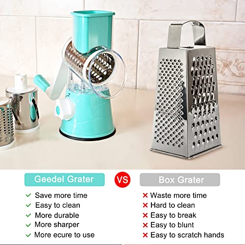 3rd Generation Rotary Cheese Grater, Mandoline Vegetable Slicer with 3 Replacement Blades, Easy to Clean Rotary Shredder for Fruit, Vegetables, Red (Blue)