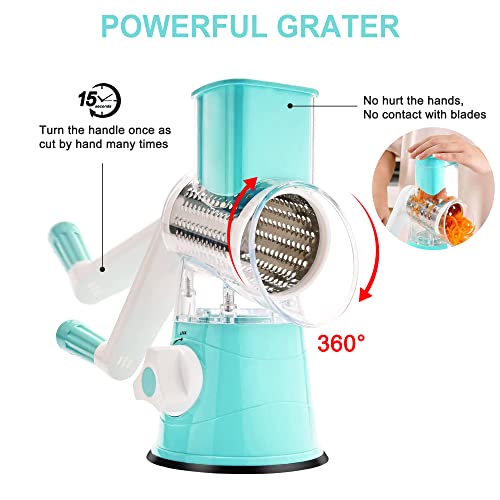 3rd Generation Rotary Cheese Grater, Mandoline Vegetable Slicer with 3 Replacement Blades, Easy to Clean Rotary Shredder for Fruit, Vegetables, Red (Blue)