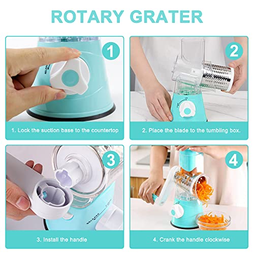 3rd Generation Rotary Cheese Grater, Mandoline Vegetable Slicer with 3 Replacement Blades, Easy to Clean Rotary Shredder for Fruit, Vegetables, Red (Blue)