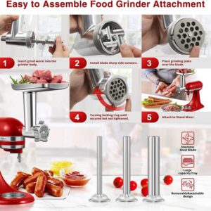 Metal Food Grinder Attachment for KitchenAid Stand Mixers, AMZCHEF Meat Grinder Attachments Included 3 Sausage Stuffer Tubes & A Holder,4 Grinding Plates,2 Grinding Blades, Burger Press,Cleaning Brush