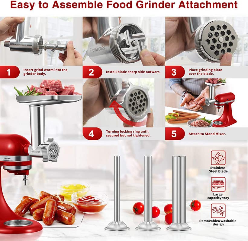 Metal Food Grinder Attachment for KitchenAid Stand Mixers, AMZCHEF Meat Grinder Attachments Included 3 Sausage Stuffer Tubes & A Holder,4 Grinding Plates,2 Grinding Blades, Burger Press,Cleaning Brush