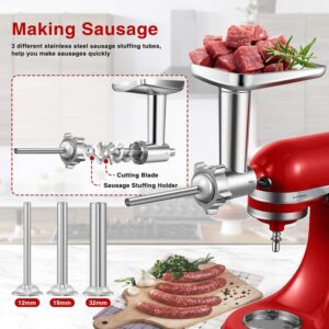 Metal Food Grinder Attachment for KitchenAid Stand Mixers, AMZCHEF Meat Grinder Attachments Included 3 Sausage Stuffer Tubes & A Holder,4 Grinding Plates,2 Grinding Blades, Burger Press,Cleaning Brush