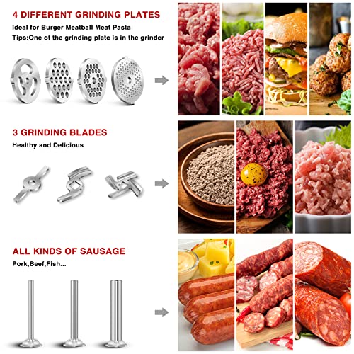 Metal Food Grinder Attachment for KitchenAid Stand Mixers, AMZCHEF Meat Grinder Attachments Included 3 Sausage Stuffer Tubes & A Holder,4 Grinding Plates,2 Grinding Blades, Burger Press,Cleaning Brush