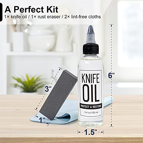 PuGez Knife Oil Rust Eraser Kit, Extra large Rust Eraser, Sword Oil Knife Maintenance Oil (3.4 oz) for Carbon Steel Knives, Protection ＆ Lubricant Knife Care Cleaning Set, Blade Oil for Knives