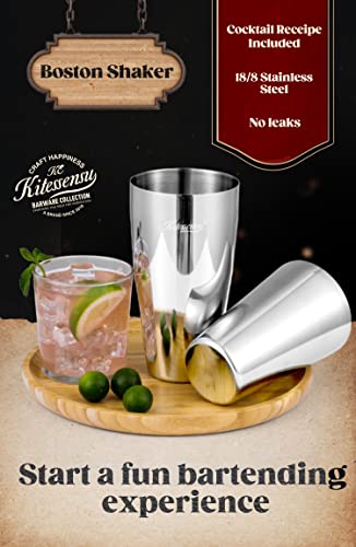 KITESSENSU Cocktail Shaker Set, 2-Piece Boston Shaker Set for Drink Mixing, Premium 18/8 Stainless Steel Martini Shaker for Bartending and Home Bar - 18oz & 28oz, Recipes Booklet Included, Silver