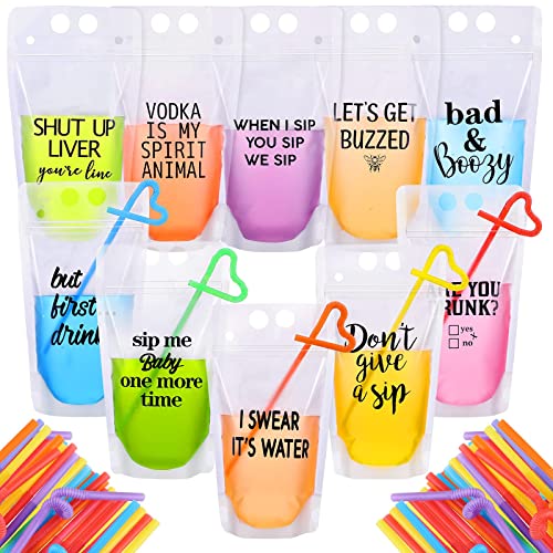 30 Sets Drink Pouches with Straws Colorful Adult Drink Bags Zipper Party Beverage Pouches Funny Drink Pouches Novelty Juice Party Pouches Translucent Stand-up Plastic Bags for Adults