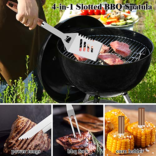 ROMANTICIST 27pcs Heavy Duty BBQ Tools Gift Set for Men Dad, Extra Thick Stainless Steel Grill Utensils with Meat Claws, Grilling Accessories Kit in Portable Carrying Bag for Camping, Backyard Brown